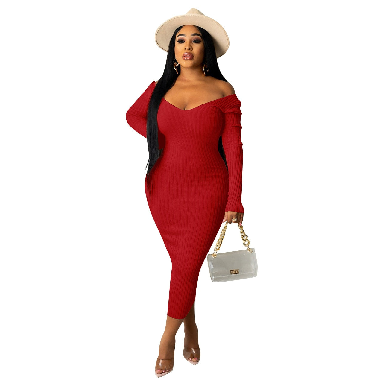 Long Sleeve Ribbed Knitted Bodycon Midi Dresses