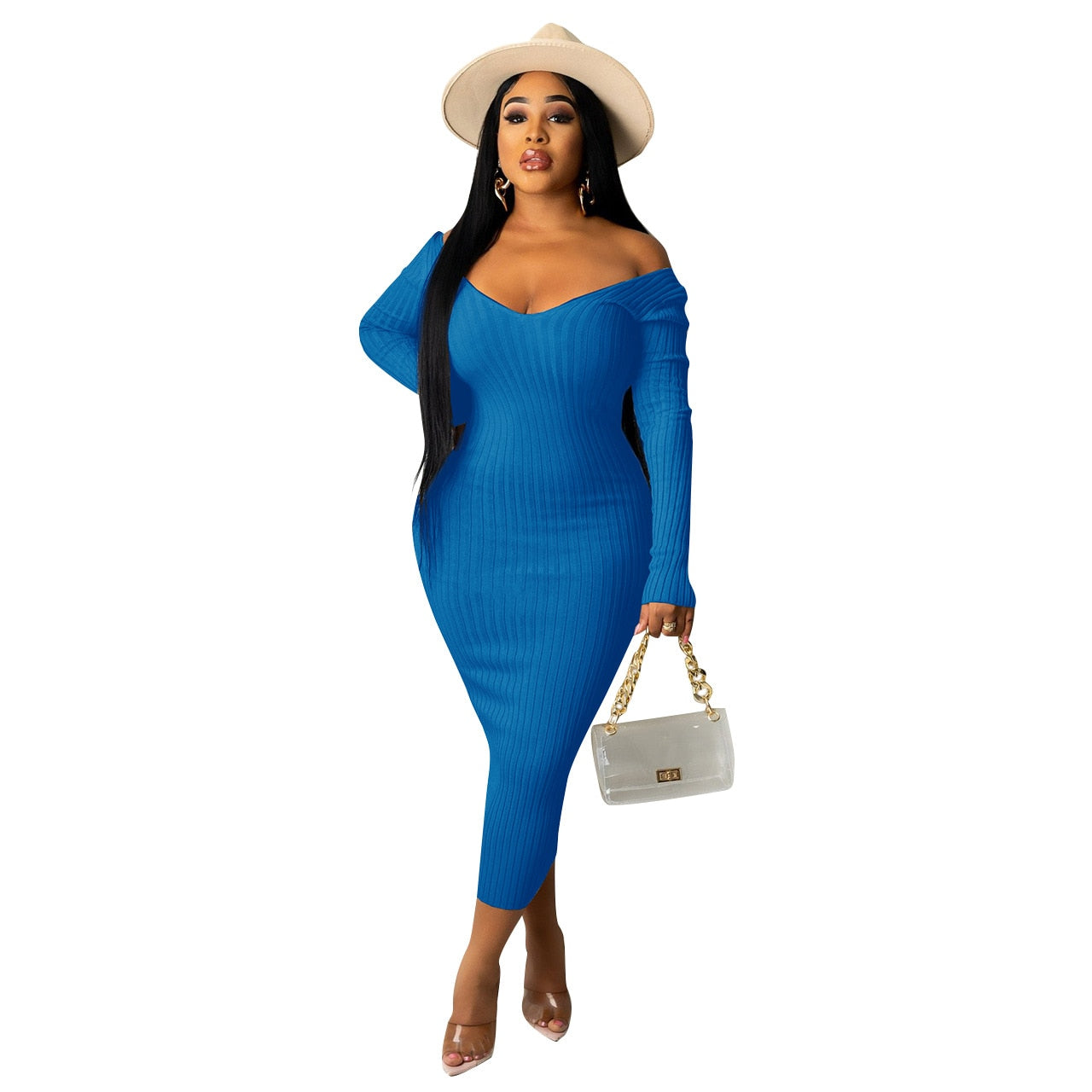 Long Sleeve Ribbed Knitted Bodycon Midi Dresses