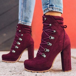 Platform Rivet Laced-Up Heel Ankle Boots