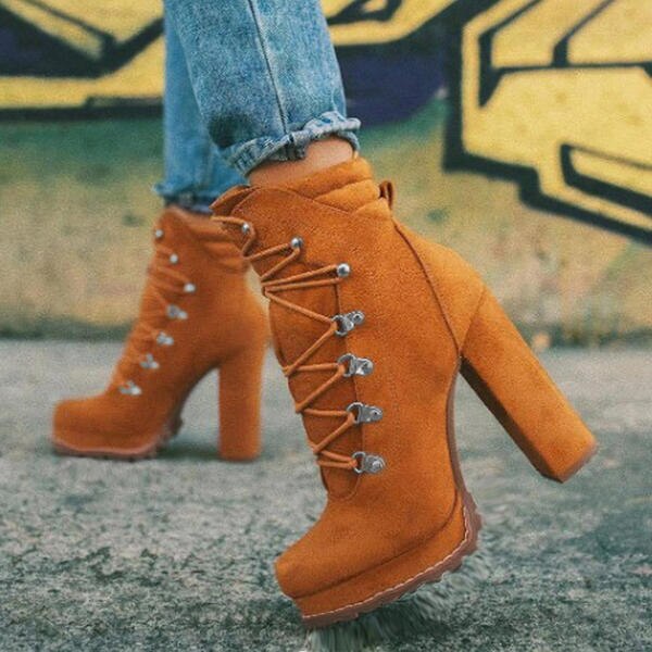 Platform Rivet Laced-Up Heel Ankle Boots