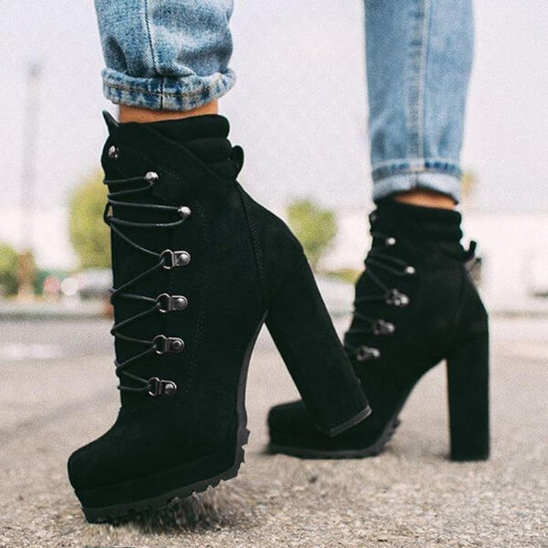 Platform Rivet Laced-Up Heel Ankle Boots