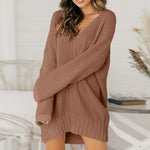 Load image into Gallery viewer, Loose V-Neck Long-sleeved Knitted Sweater Mini Dresses
