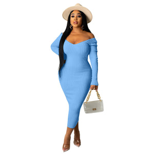 Long Sleeve Ribbed Knitted Bodycon Midi Dresses