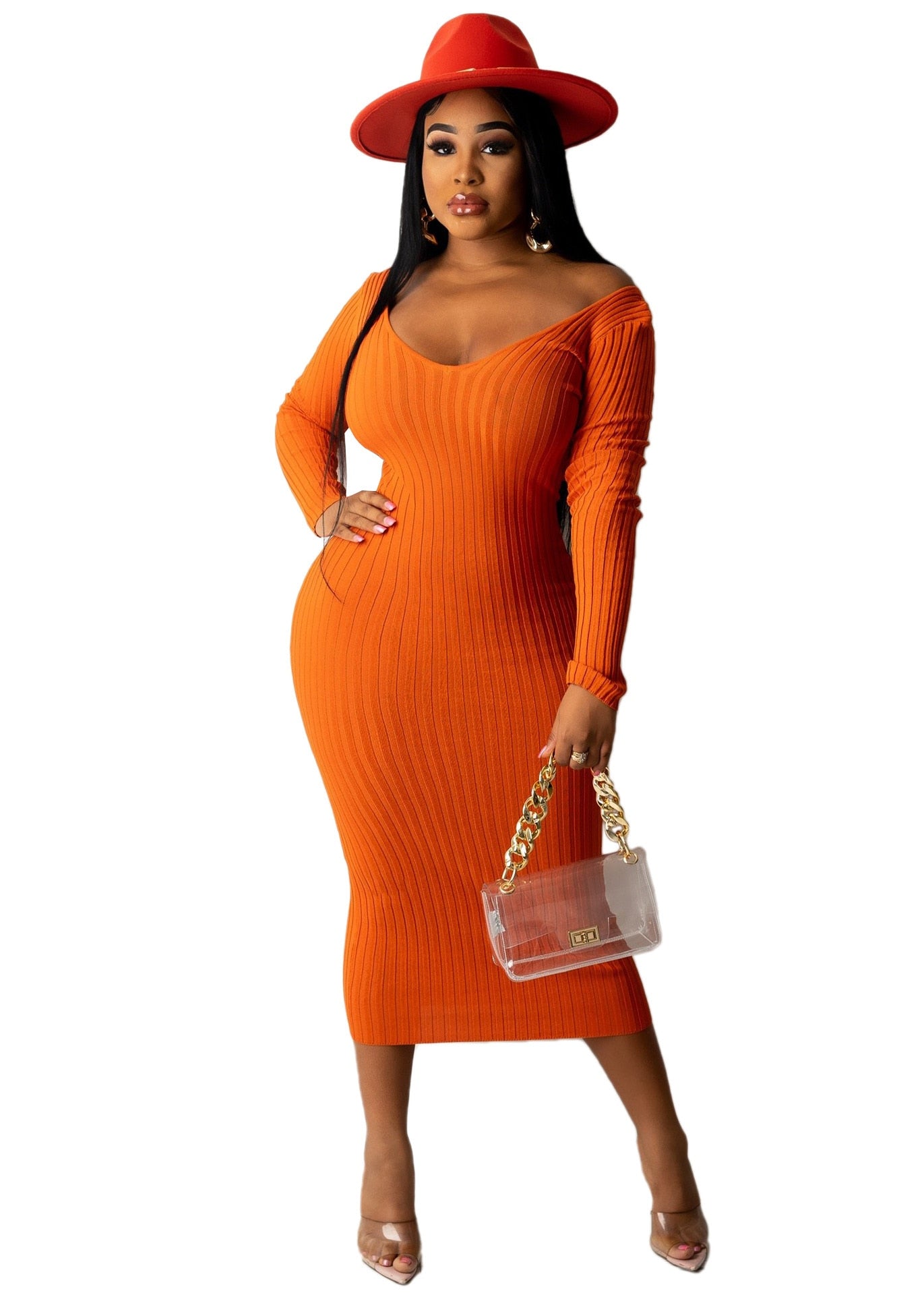 Long Sleeve Ribbed Knitted Bodycon Midi Dresses