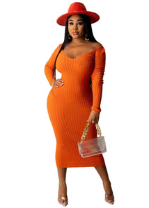 Long Sleeve Ribbed Knitted Bodycon Midi Dresses