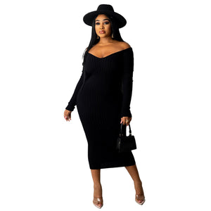 Long Sleeve Ribbed Knitted Bodycon Midi Dresses