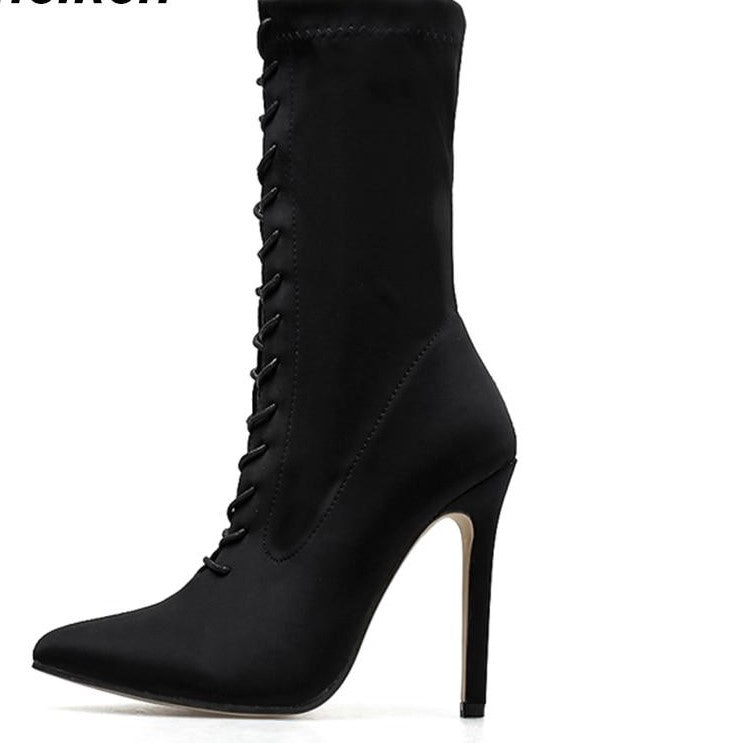 Pointed Ankle Cross-Tied Lace-Up Stiletto Boots