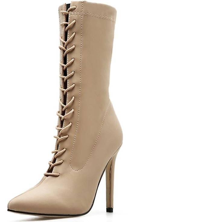 Pointed Ankle Cross-Tied Lace-Up Stiletto Boots